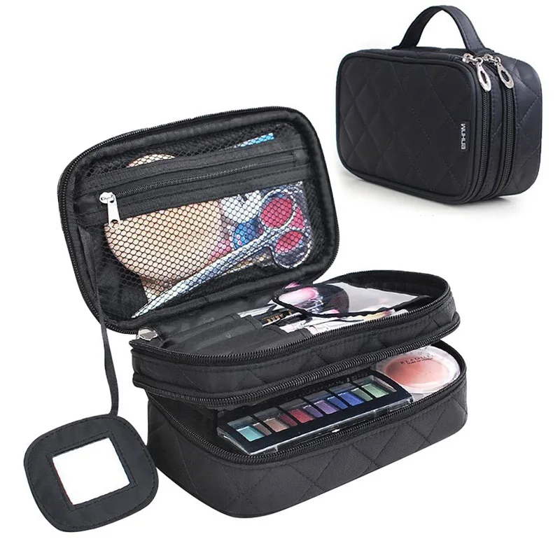 

2 layer Zipper Travel Kits Cosmetic Make up Organizer Bag Women Multifunctional Cosmetic Bag Makeup Brush Bags with Mirror