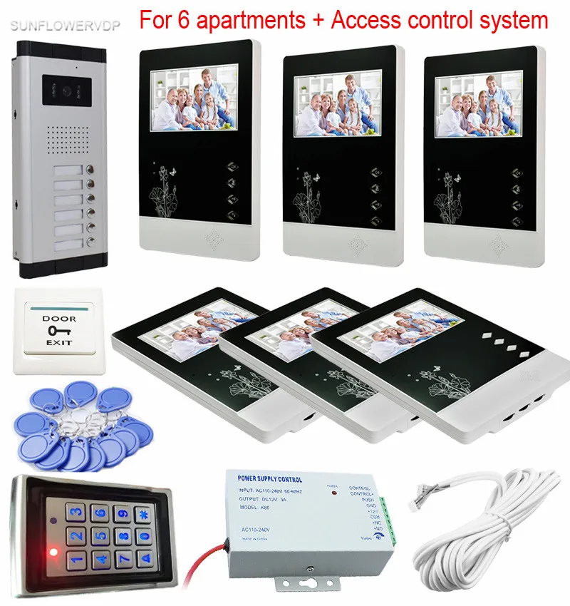 For 6 Apartments Home Intercom Door Video Call Color 4.3\Lcd Door Phone 6 Buttons Outdoor Camera With Rfid Keypad Access Control