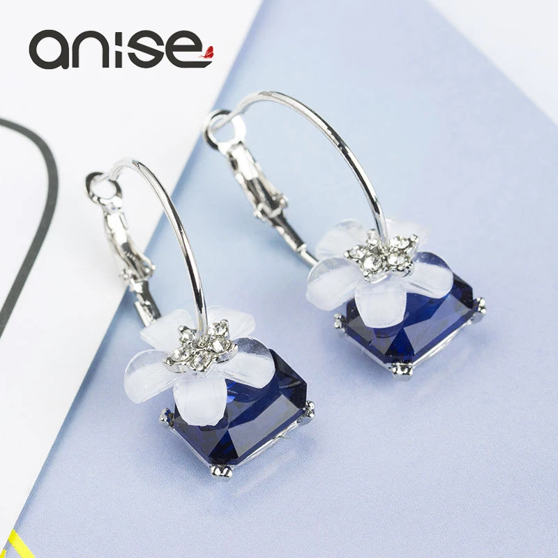 

Luxury Blue Crystal White Sakura Flower Hoop Earrings for Women Fashion Charm Big Round Circle Earring Wedding Brinco Jewelry