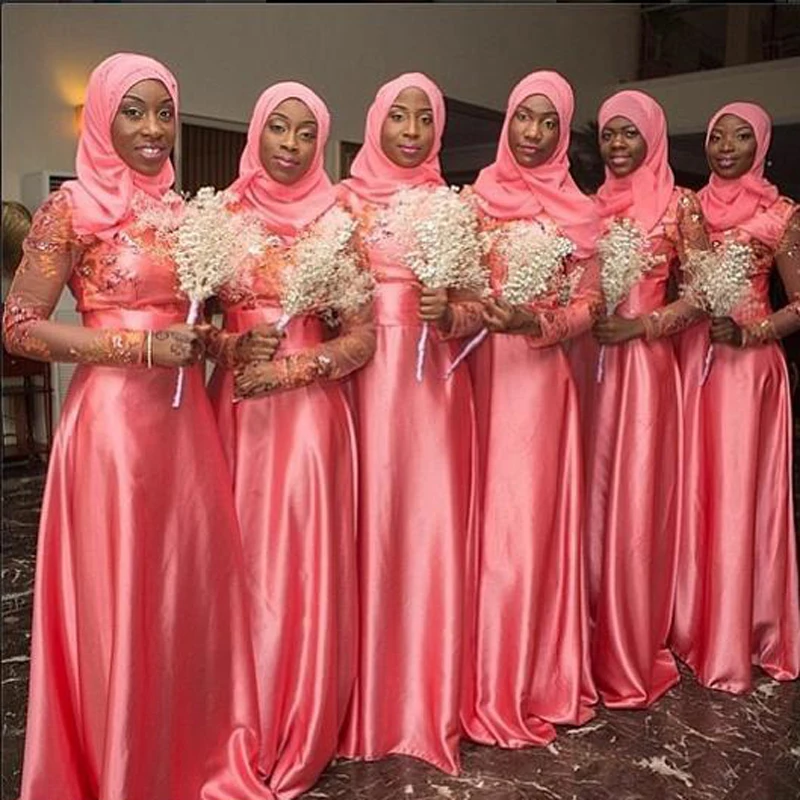 Muslim Bridesmaid Dresses with font b Hijab b font Long Sleeves Saudi Arabia Wedding Party Dress