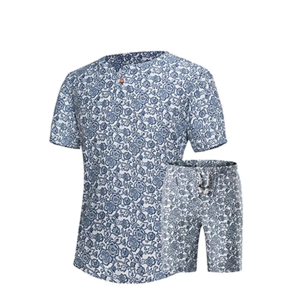 FDWERYNH 2018 Летние повседневные комплекты с принтом Мужские футболки с короткими рукавами + шорты свободные освежающие быстросохнущие