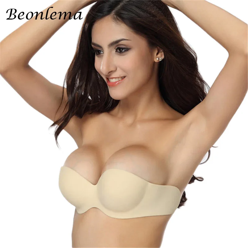 Beonlema Backless Strapless Bra Invisible bralette Adhesive sutia Silicone Brassiere Sexy Padded Bras for Women Party Club Dress - Цвет: Бежевый