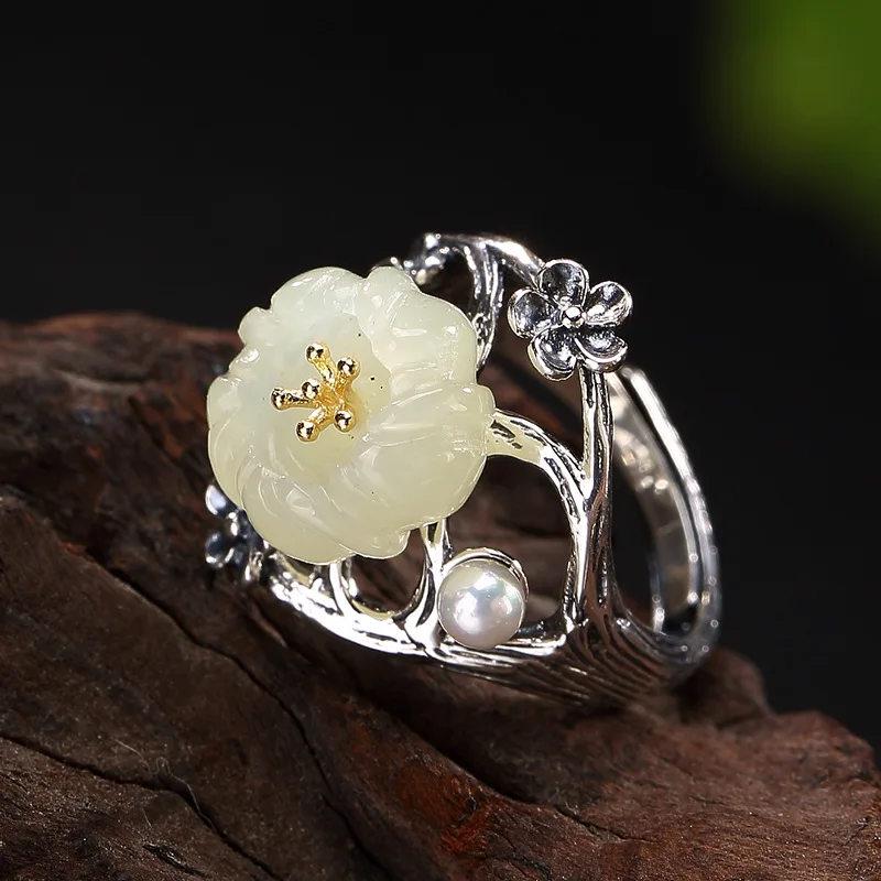 

silver S925 Sterling Silver gilded Real mosaic and Tian Yu white jade pearl Mei Flower lady opening high grade ring