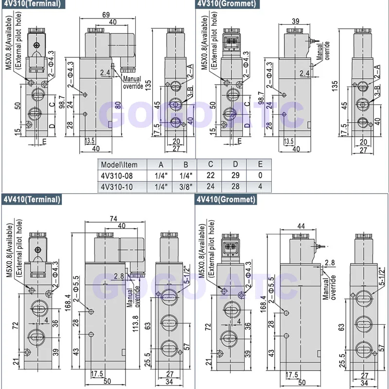 4V110-06 4V210-08 4V310-10 4V410-15 клапаны с разъемом глушителя 4 мм/6 мм/8 мм/10 мм/12 мм 5/2 ходовой электромагнитный клапан 12 В 24 В 220 В