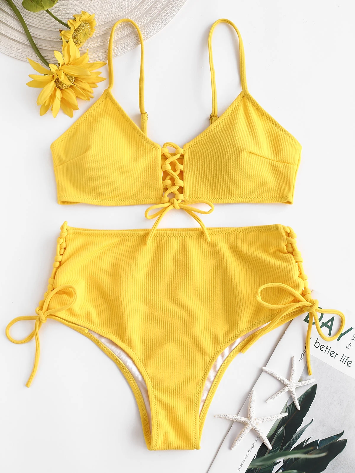 

Ribbed High Waist Lace-up Bikin Sets Swimsuits 2019 Women Sexy Two Pieces Bathing Suits Swimwear