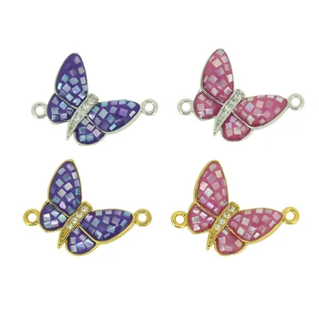 

Cute 2.1cm Butterfly Charm Pave Natural Abalone Shell Beads Purple Hot Pink Connector 2 Loops Charms Material For DIY Jewelry