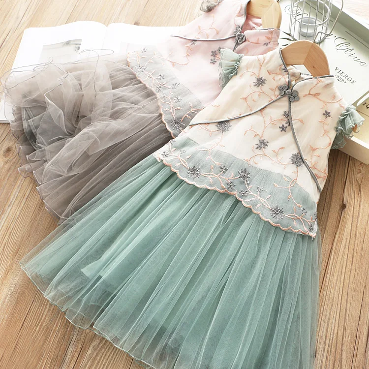 

5249 Chinese Sequins Embroidery Cheongsam Princess Girl Dress Sundress Summer Kids Dresses For Girls Wholesale Baby Girl Clothes