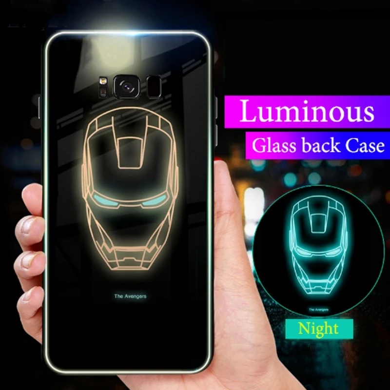 

Luminous Glass Marvel Spider Case For Samsung Galaxy Note 9 Note 8 Case ironMan Cover For Samsung Galaxy S9 S8 S10 Plus Case