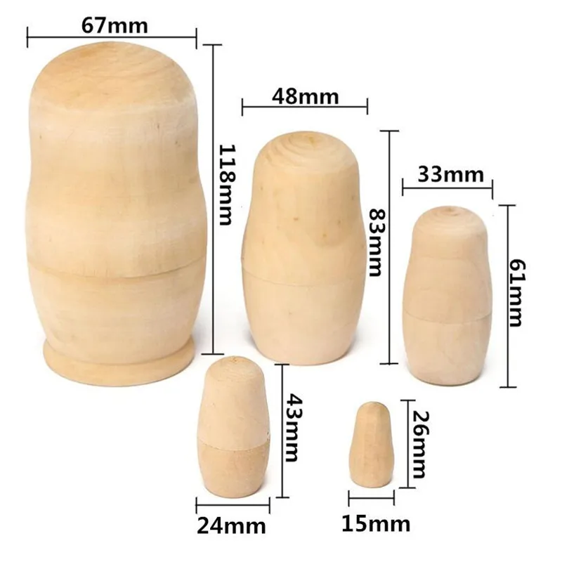 Blank DIY Unpainted Wooden Embryo Russian Nesting Dolls Matryoshka Toys  Make Your Own Doll Set of 5Pcs  (5)