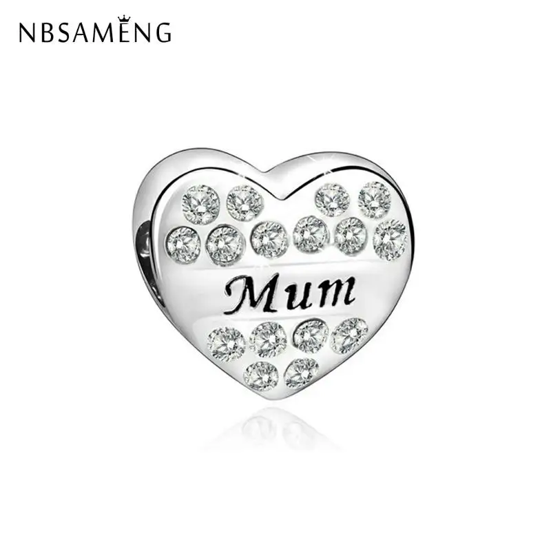 

Fashion Silver Plated Beads Charm Mum Heart Crystal Charms Fit Original Pandora Bracelets & Bangles DIY Women Jewelry Making