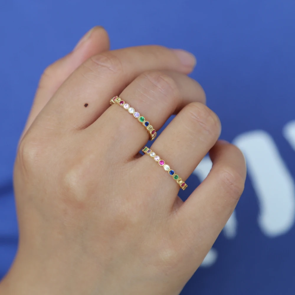 Genuine 925 Sterling Silver Rainbow Colorful CZ Stone Finger Rings For Women Luxury Gorgeous stack ring Party Jewelry Gift