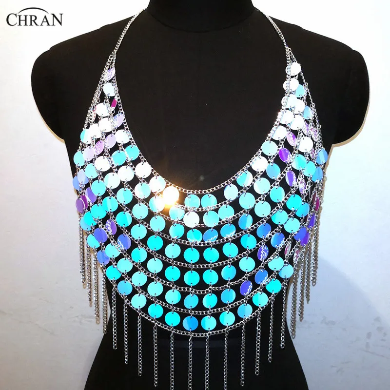 

Chran Iridescent Sequins Bead Crop Top Chain Crystal Choker Necklace Halter Bra Bralette Bikini Wear Party Festival Body Jewelry