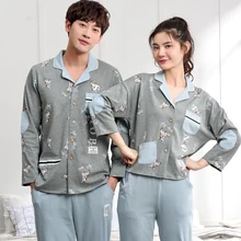 Новинка, осенний кардиган, пара пижам, мужская пижама из хлопка с отложным воротником и длинными рукавами, пижамный комплект для пары