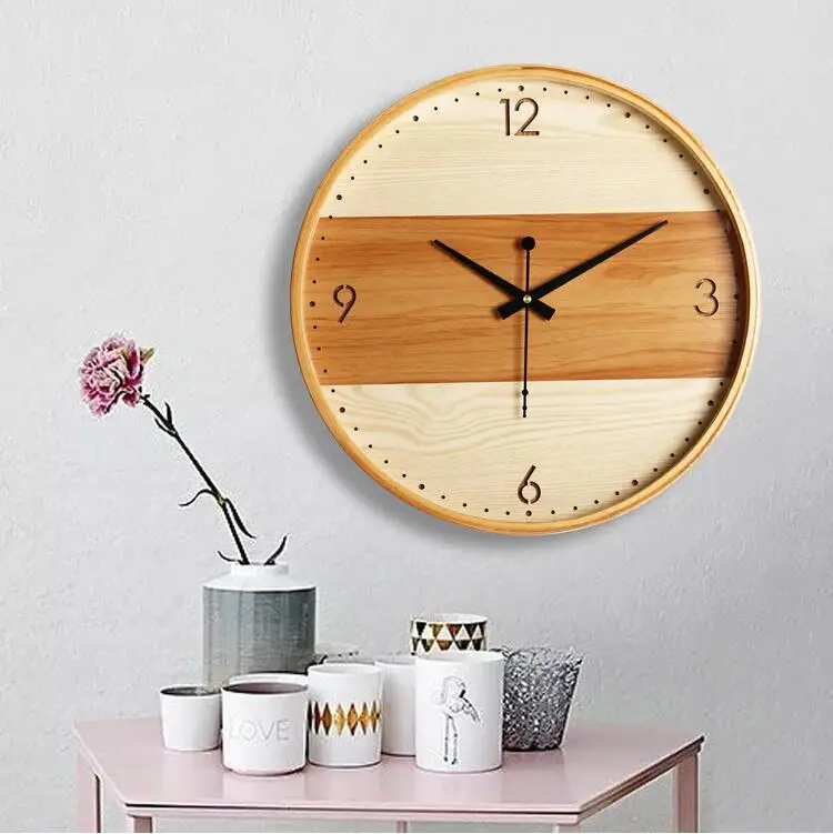 Solid wood digital wall clock simple glass mirror clock bedroom mute wall charts living room creative wooden wall clock 12 inch