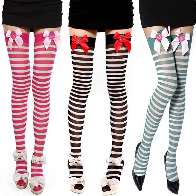 NEW Women's Sexy cute striped Thigh High Stockings candy color sheer