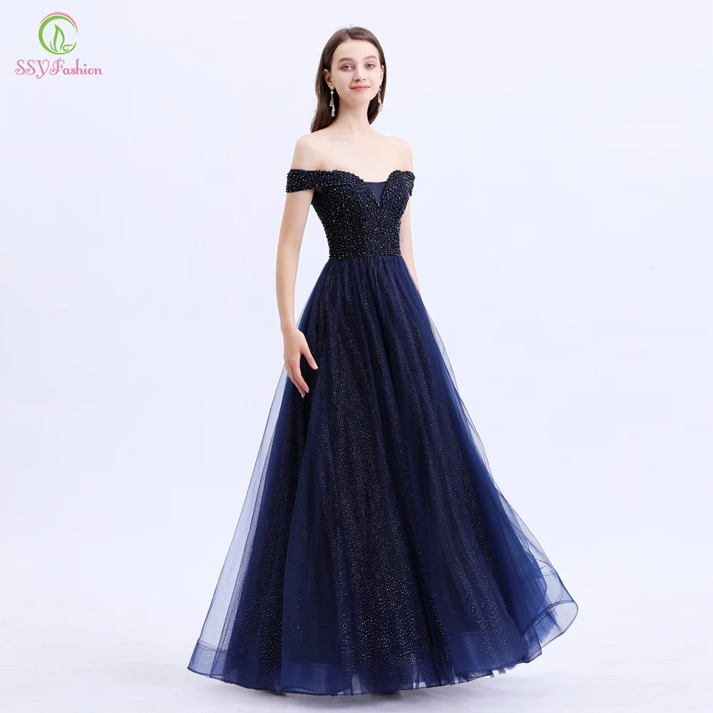 Женское вечернее платье SSYFashion элегантное темно синее с вырезом лодочкой и