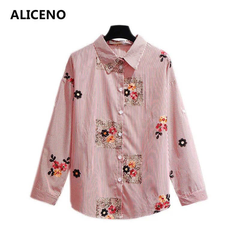 

ALICENO New 2019 Summer Big Size 6XL-2XL Sexy Embroidery Striped Printed Women Blouse Turn Down Collar Long Sleeve Shirts