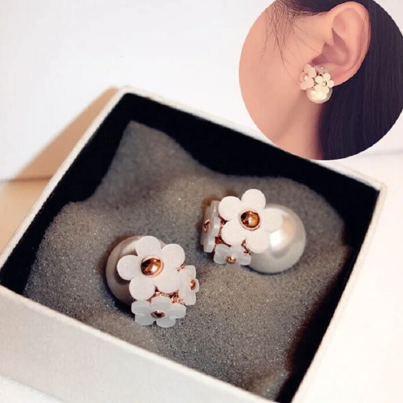 

2017 New Korean Flower Double Side Imitation Pearl Stud Earrings for Women Girl's Fashion Jewelry Gifts XE109