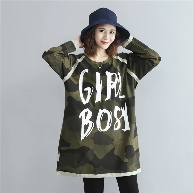 2017 Autumn Women Oversized T Shirt Korean Fashion Loose Camouflage Letter Print Cotton Long Sleeve T Shirt Plus Size Tops