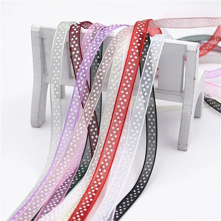 4  6mm x20m Polyester Yarn Printed Dots Ribbon Hand Made Diy Birthday Cake Box Ribbon Gift Flowers Tie Bouquet Clothing Ribbon