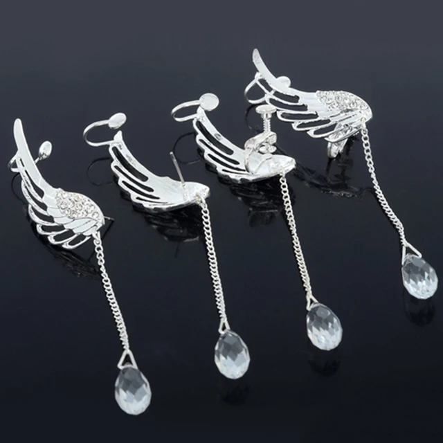Women Trendy Earrings Silver Color Crystal Chain Angel Wing Women Trendy Earrings Silver Color Crystal Chain Angel Wing Drop Dangle Ear Stud Cuff Clip