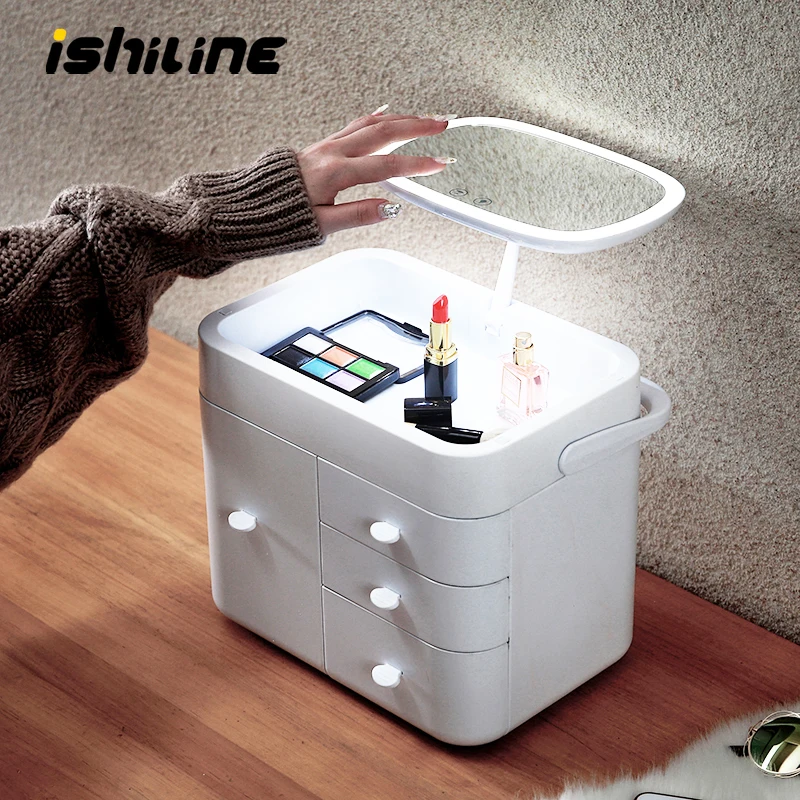 

Makeup Organizer Storage Box with LED Light Box Fashion Cosmetic Box for Earrings Jewelry Case Plastic Desktop Organizer Dresser