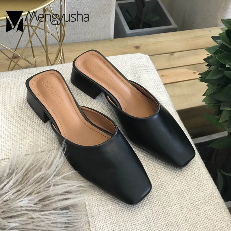 Close Toe Mules Women Solid Leather Slippers Square Toe Flip Flops ...