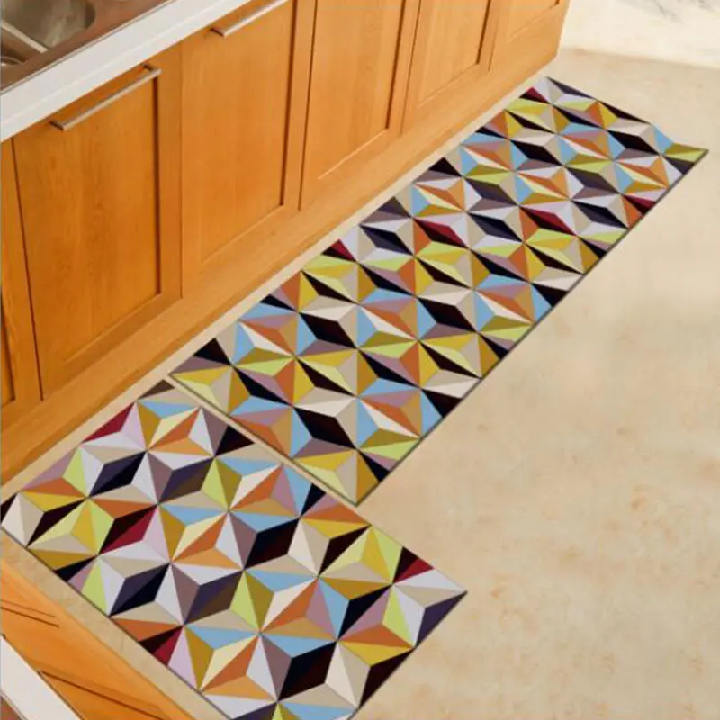 

3D Rectangular Kitchen Carpet Geometric Printed Non-slip Rugs Bathroom Bedside Door Floor Mat Machine Washable