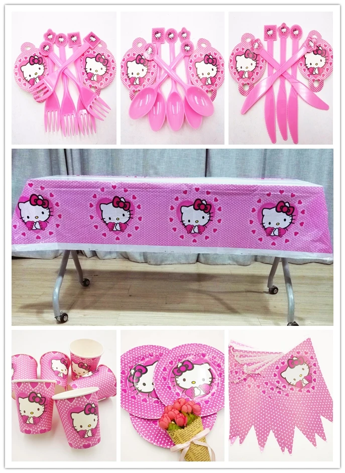 

52pcs/set Hello Kitty Cat Party Supplies Tableware Plate Cup Flag Tablecloth Cartoon Birtday Party Decoration For Girls Shower
