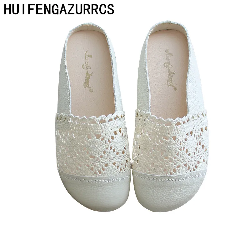 

HUIFENGAZURRCS-Genuine leather Slipper,female mesh hollowed Semi-Baotou slippers flat bottom,pregnant outdoor Leisure Slippers