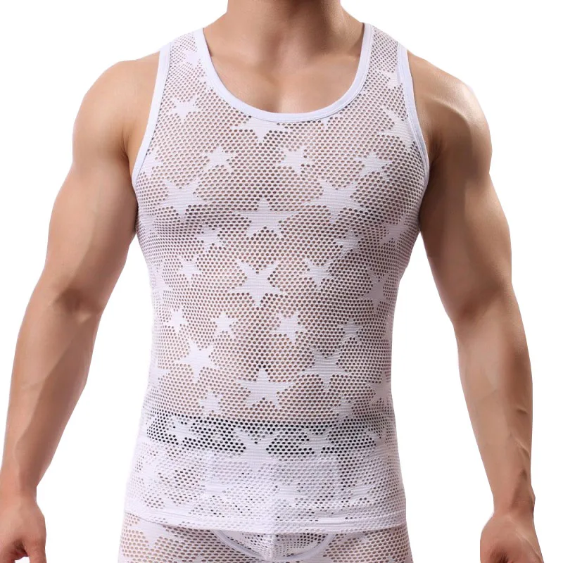 Men's Sexy Undershirt Tank Top Star Mesh Breathable Bodybuilding Home Tanks Mens Clothing Ropa Hombre(Tank Only