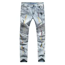 Для мужчин Байкер Джинсы для женщин Дизайн модные джинсы для Для мужчин хип-хоп Strech плиссированные обтягивающие джинсы E2042