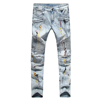 

Men Biker Jeans Design Fashion Jeans For Men Hip Hop Strech Pleated Skinny Jeans E2042