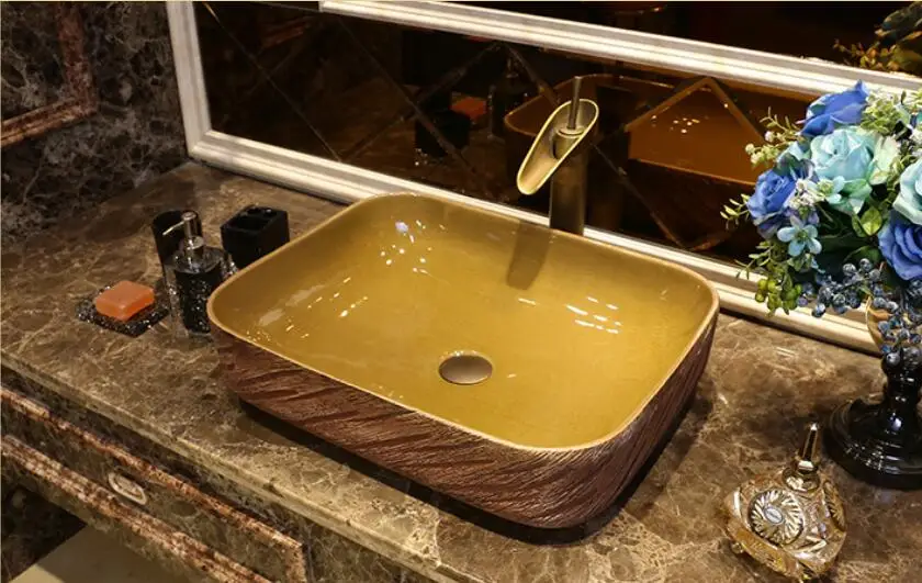 Ванная комната фарфоровый туалетный столик текстура древесины сосуд Раковина керамический Счетчик Топ Ретро стиль умывальник XR26-264