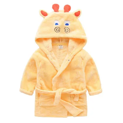 Детский халат, новая зимняя теплая Пижама для маленьких мальчиков и девочек, детский флисовый плащ с рисунком, ночная рубашка, детское пончо с капюшоном полотенце - Цвет: Цвет: желтый