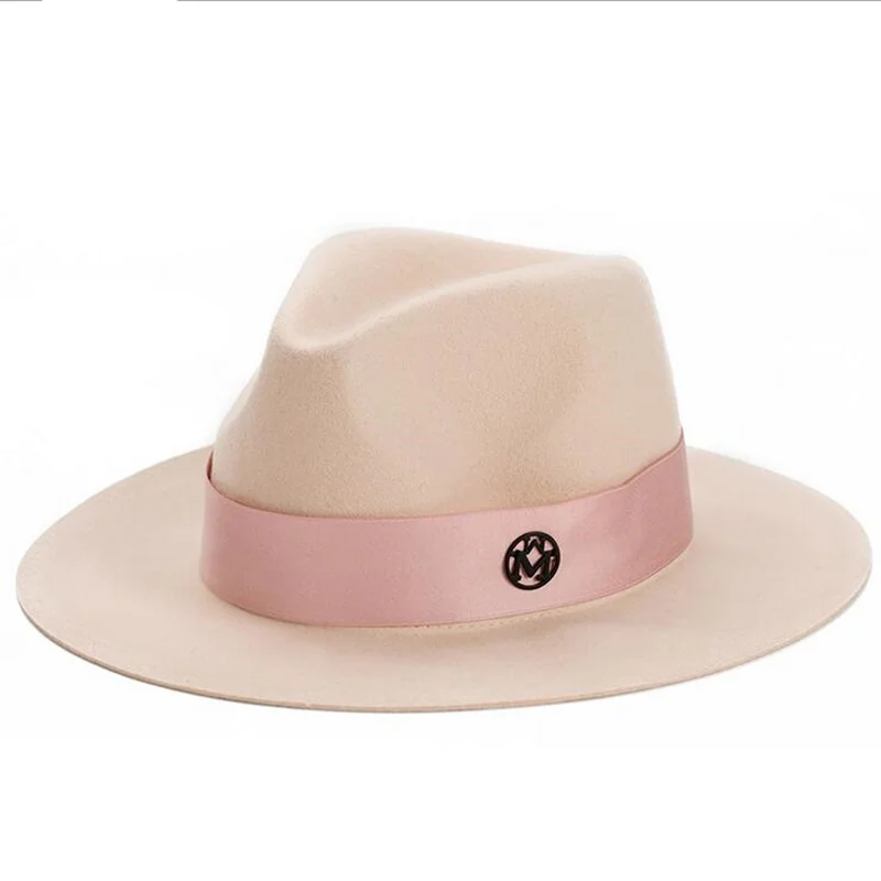 Baratos OZyc feodra sombrero de invierno para mujer M carta de lana Damas de lana de color rosa Jazz sombreros de ala de sombrero de color rosa para las mujeres grandes brim panamá sombreros de vaquero