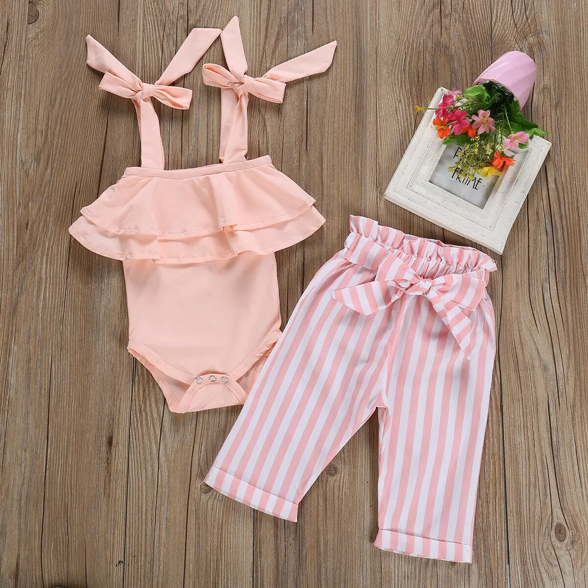 

US Newborn Baby Girl 0-18M Sleeveless Tops Bow Long Pants Sunsuit Outfit Clothes Set