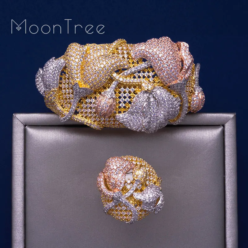 

MonnTree Begonia Flowers Luxury 3 Tone SunFlower Full AAA Cubic Zirconia Jewelry Sets Women Party Gifts Hand Accessories
