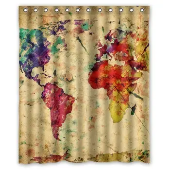 

Custom Vintage Colorful World Map WaterProof Polyester Fabric Shower Curtain