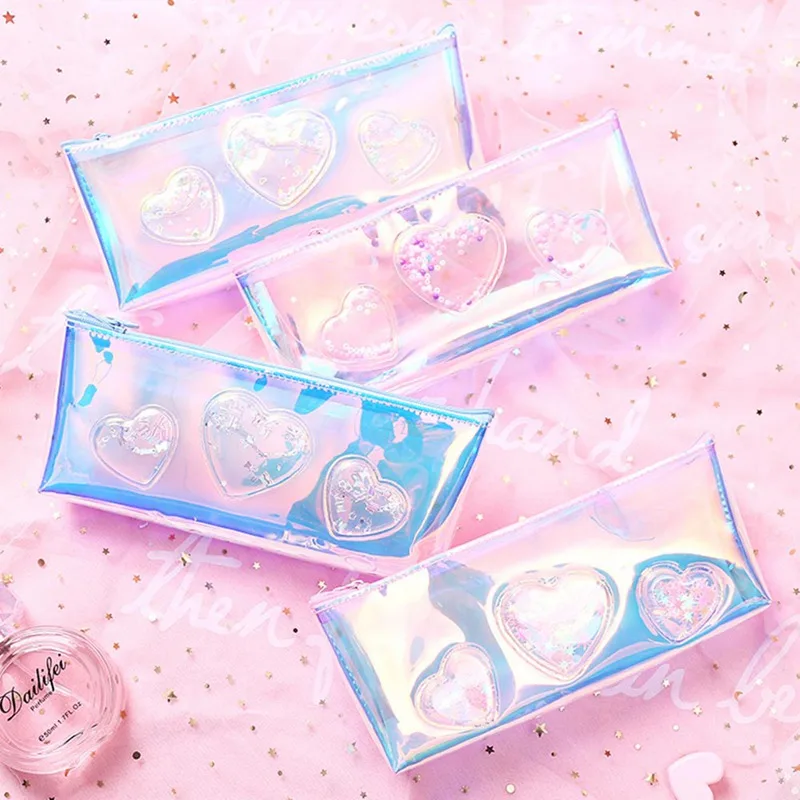 

Fashion Creative Laser Pen Bag Female Quicksand Junior High School Students Office Simple Transparent Pencil Case