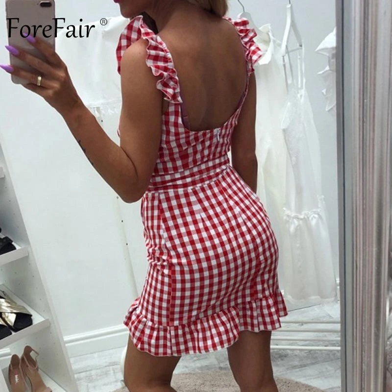 Forefair Vintage Plaid Dress Summer Mini Sexy Bodycon Ruffle  (2)