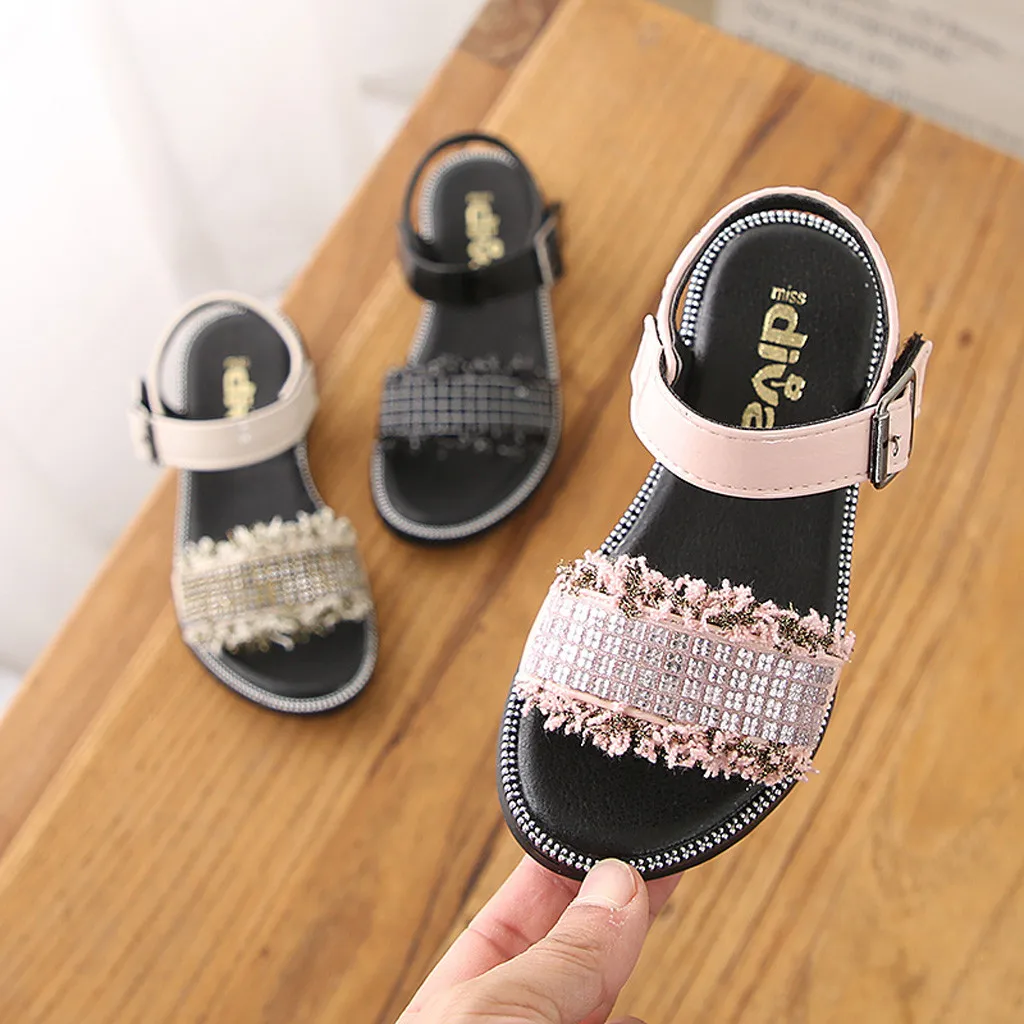 Летние сандалии для девочек; детская пляжная обувь; обувь принцессы для маленьких девочек; модные детские сандалии со стразами; цвет розовый, черный, бежевый;# XTN