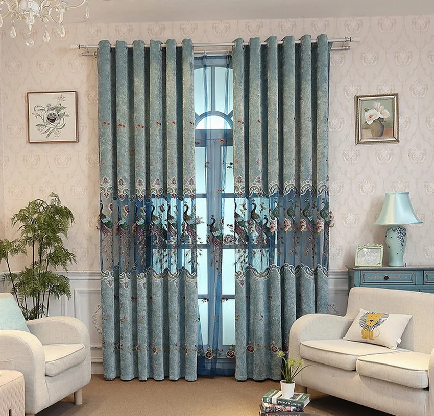 Роскошные затемненные шторы с цветочным рисунком для гостиной, с вышивкой павлинов, занавески для спальни, Европейский Великолепный Тюль, вуаль, X-M043#30