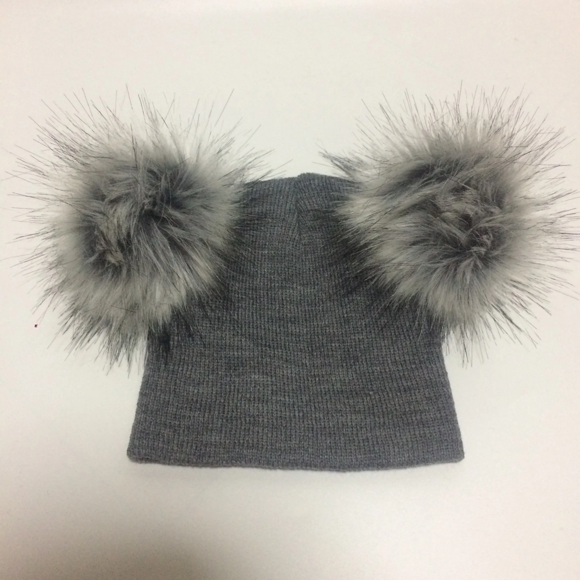 Детская Зимняя шерстяная шапка с искусственным мехом для детей 1-3 лет, шапочка с 2 двойными помпонами для мальчиков и девочек, реквизит