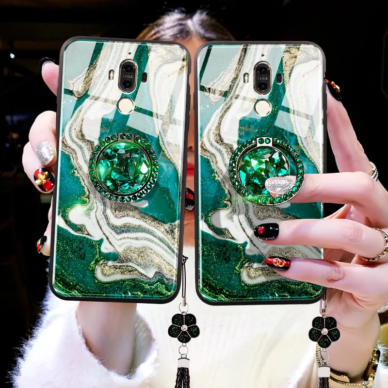 

Phone Case For Huawei P30 P20 Pro Mate Honor 8 8X Max 9 9X Pro Note 10 20 20X Lite Nova 5 5i Green Marbling Rhinestones Diamond