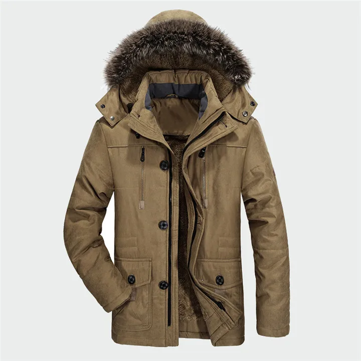 Мужская зимняя повседневная куртка ветровка 5XL 6XL Мужская парка с капюшоном из флиса с меховым воротником длинная мужская куртка с хлопковой подкладкой теплое пальто - Цвет: LK333 Khaki