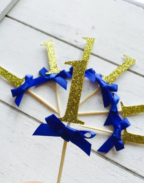 One cupcake toppers. Royal Blue and Gold. First birthday party. 10