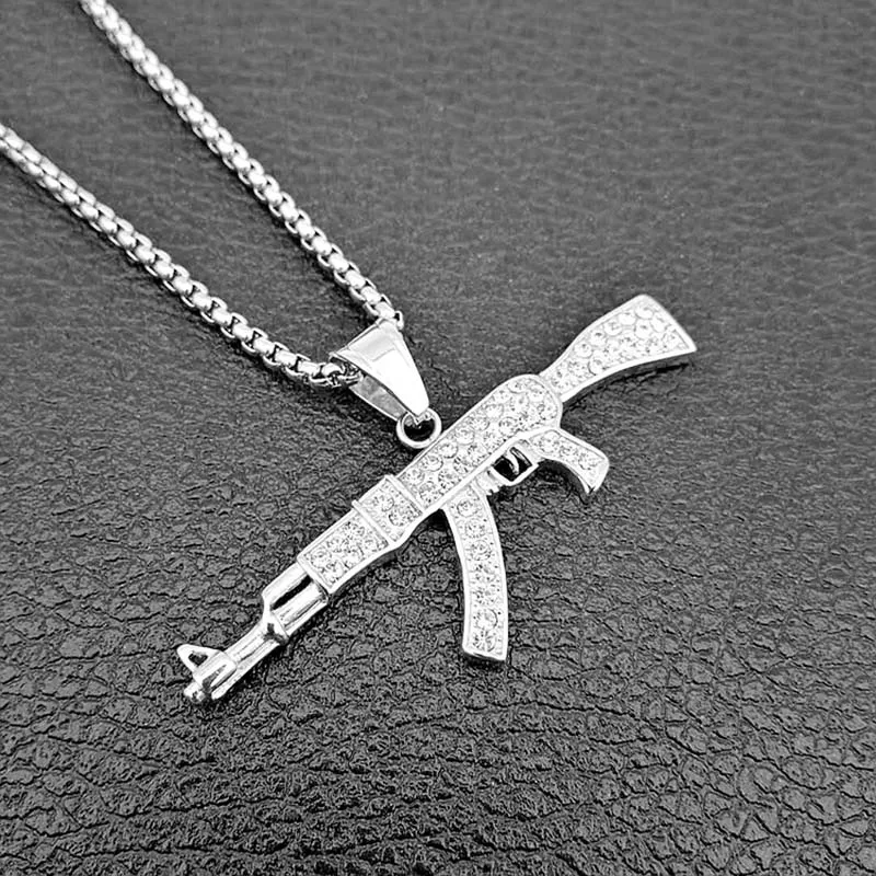 Хип хоп Стразы вымощенные Bling Iced Out Золото Серебро Цвет Нержавеющая сталь AK 47 кулоны с оружием ожерелье для мужчин рэппер ювелирные изделия - Окраска металла: Silver