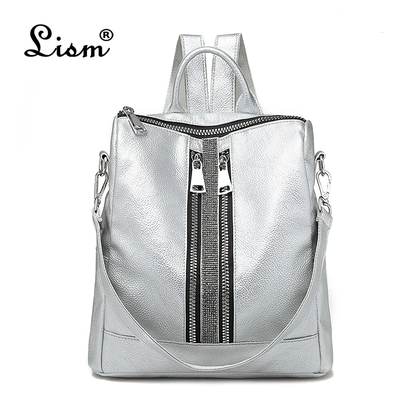 Women's Daypacks Silver New Zipper Women Backpack Travel Stripe Small Backpacks PU Leather