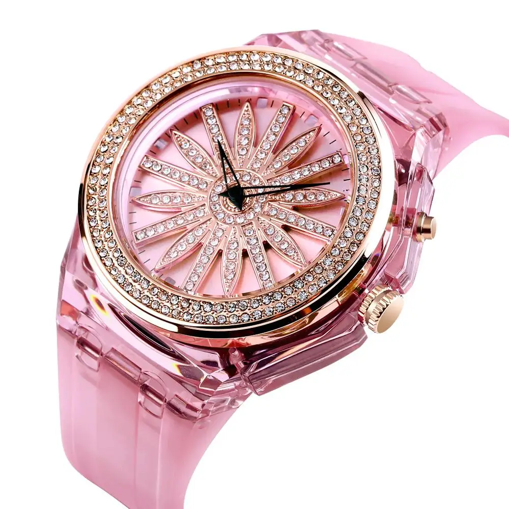 

Quartz Watch Fashion Women Watches Creative Clock Rotating Flower Dial LED Light Transpapent Case Strap reloj mujer Skmei 1536